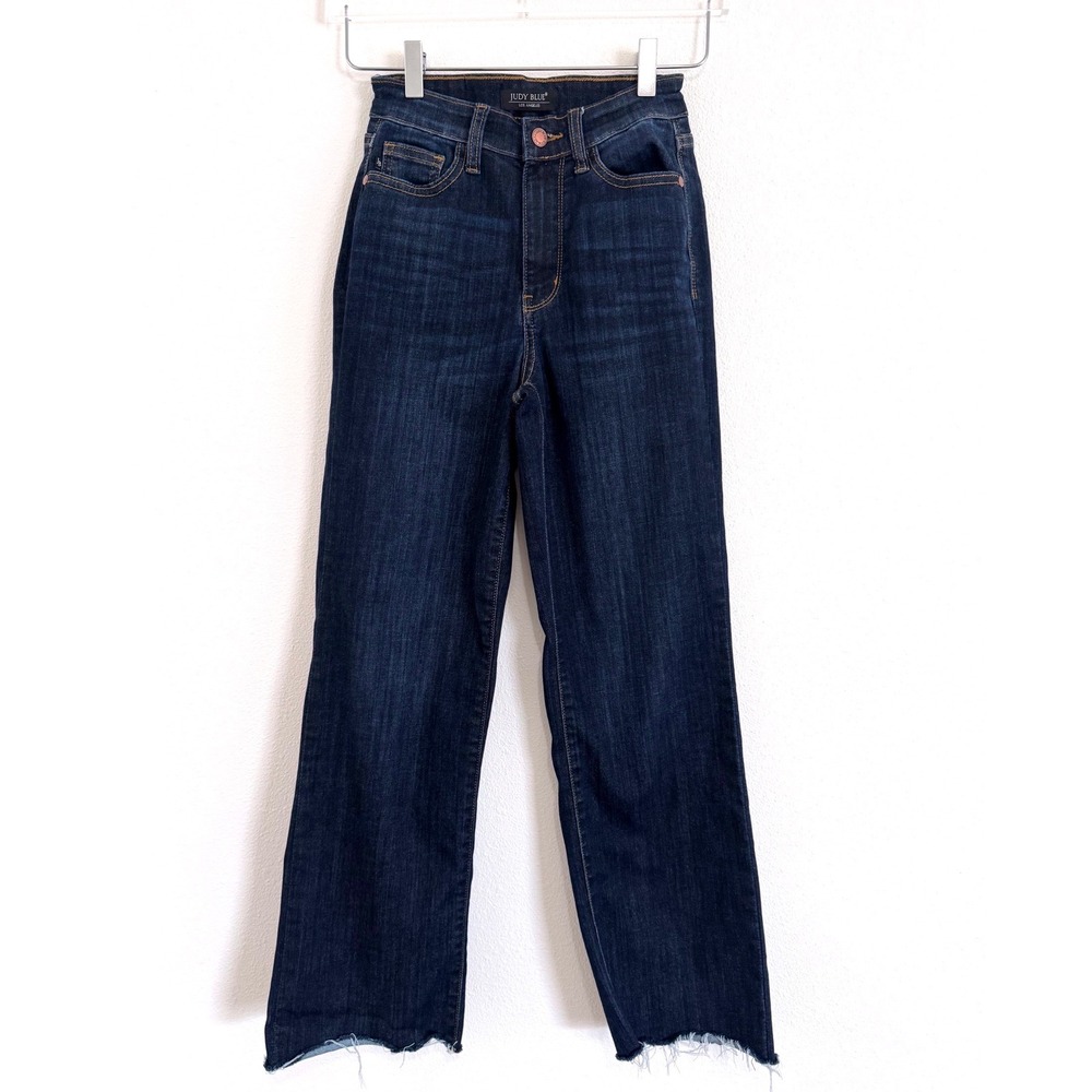 Judy‎ Blue Dark Wash Raw Hem Straight Leg Jeans - High Rise Stretch Denim